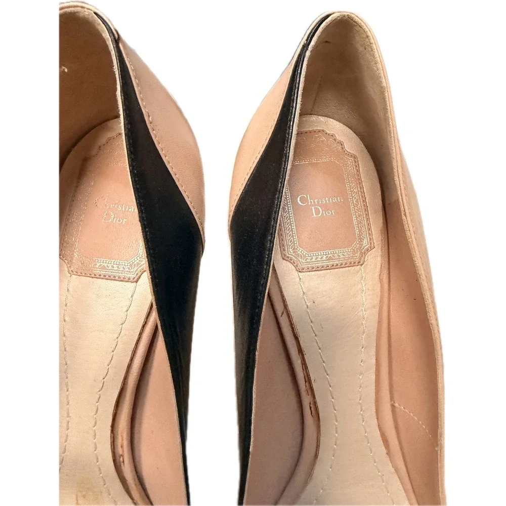 Christian Dior Two Tone Leather Cap Toe Pumps Beige Black Stiletto Heels 41